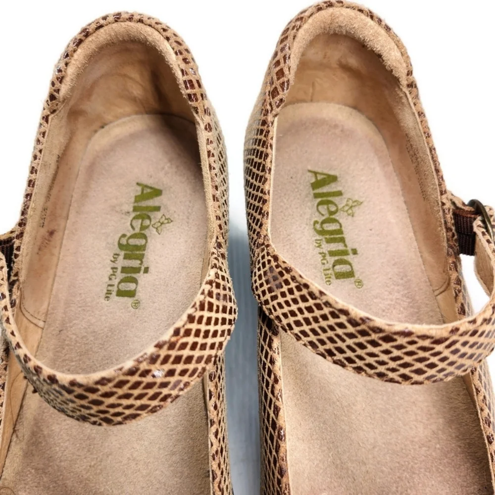 Alegria Harper Burnished Tan & Brown Textured Snake Print Mary-Jane Clog Loafers
